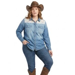 French Blue Lace Western Lightweight Denim Snap Button Down Size XL